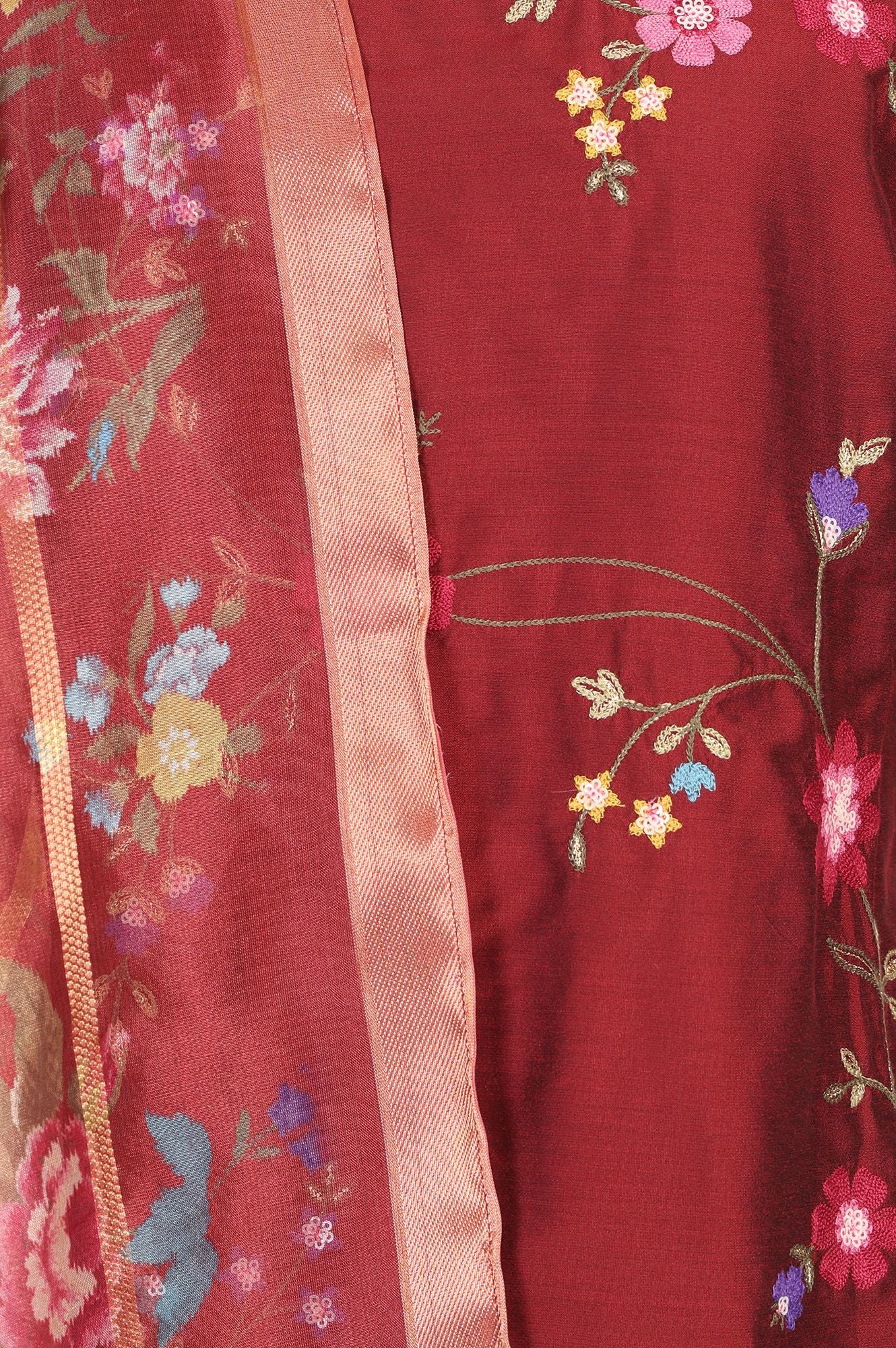 Maroon Thread Embroidered Straight Kurta with Pant and Dupatta Set