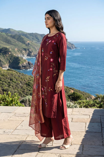 Maroon Thread Embroidered Straight Kurta with Pant and Dupatta Set