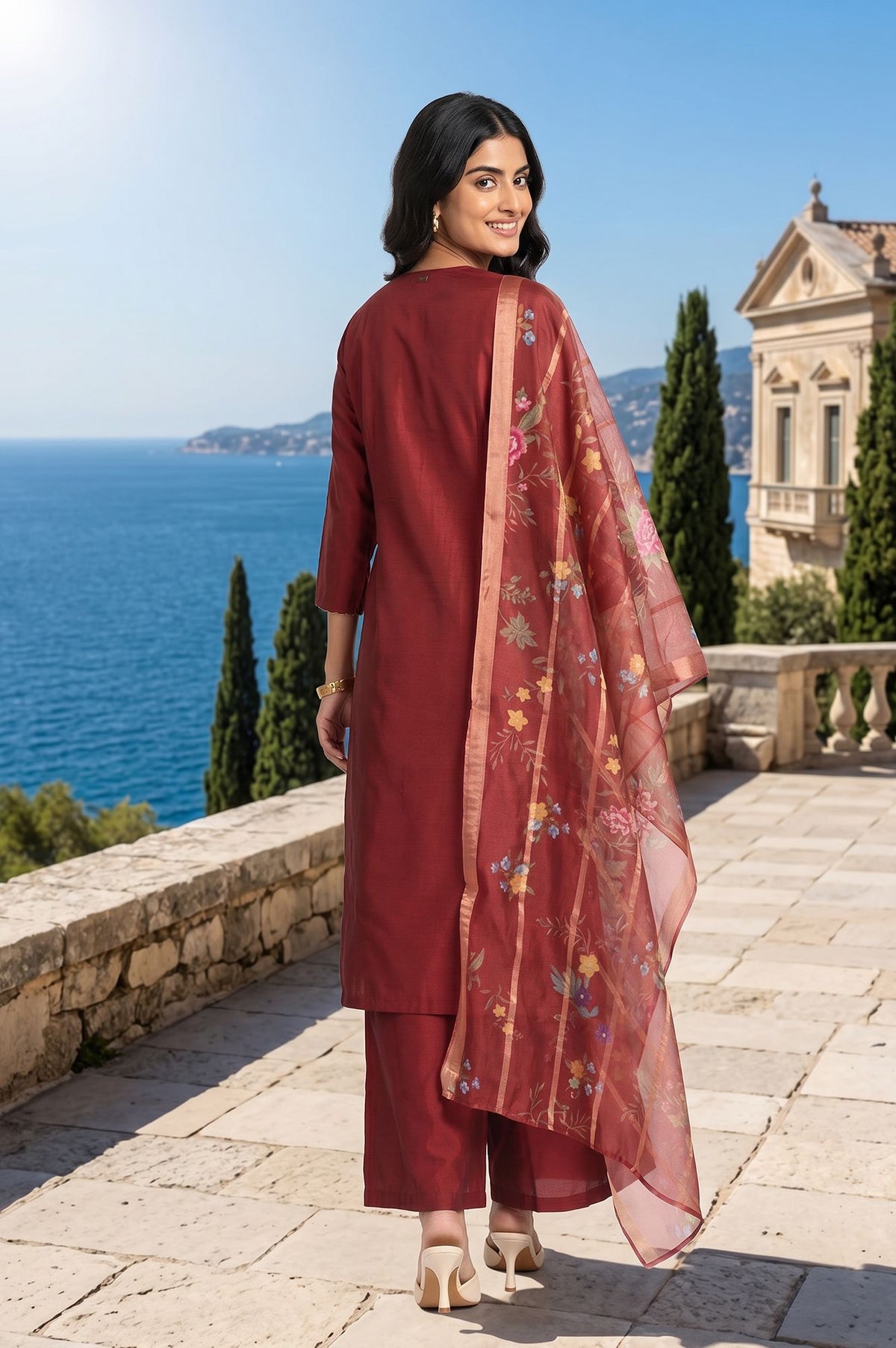 Maroon Thread Embroidered Straight Kurta with Pant and Dupatta Set