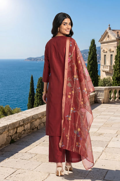 Maroon Thread Embroidered Straight Kurta with Pant and Dupatta Set