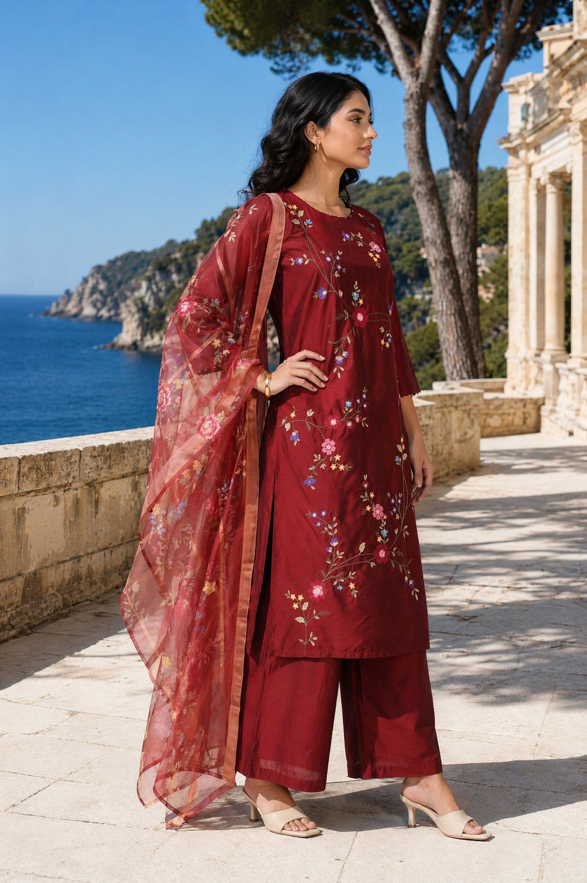 Maroon Thread Embroidered Straight Kurta with Pant and Dupatta Set