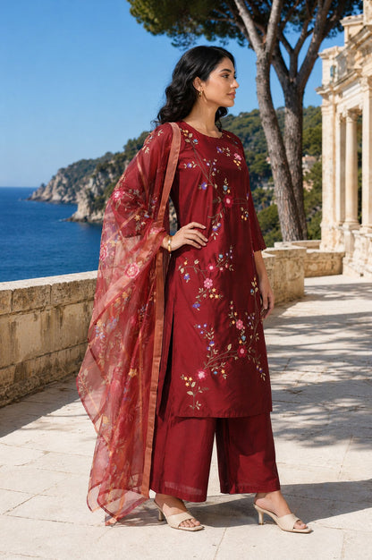Maroon Thread Embroidered Straight Kurta with Pant and Dupatta Set