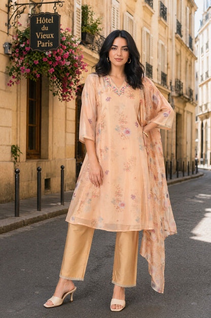 Peach Floral Printed Thread Embroidered Tissue A-line Kurta with Pant and Dupatta Set