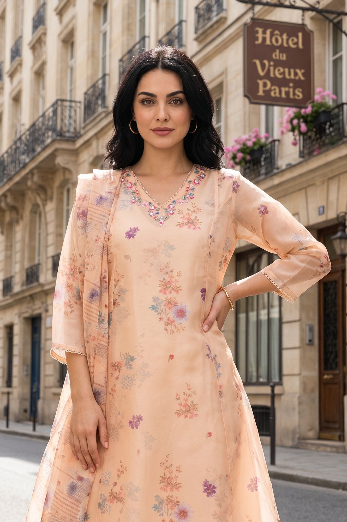 Peach Floral Printed Thread Embroidered Tissue A-line Kurta with Pant and Dupatta Set