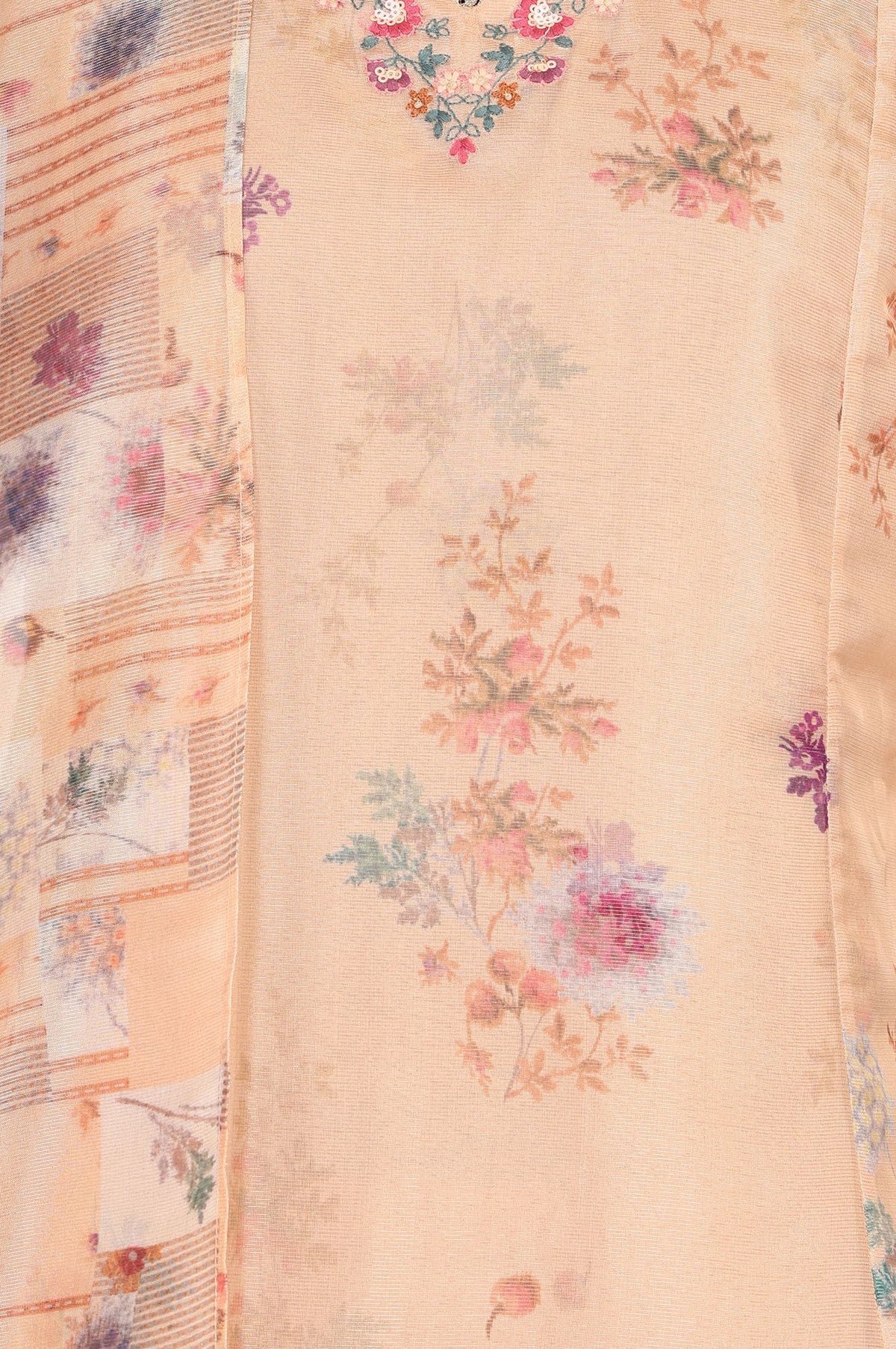 Peach Floral Printed Thread Embroidered Tissue A-line Kurta with Pant and Dupatta Set