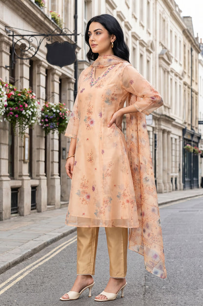 Peach Floral Printed Thread Embroidered Tissue A-line Kurta with Pant and Dupatta Set