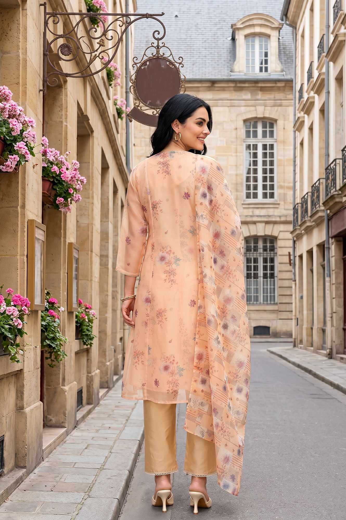 Peach Floral Printed Thread Embroidered Tissue A-line Kurta with Pant and Dupatta Set