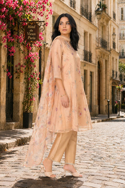 Peach Floral Printed Thread Embroidered Tissue A-line Kurta with Pant and Dupatta Set