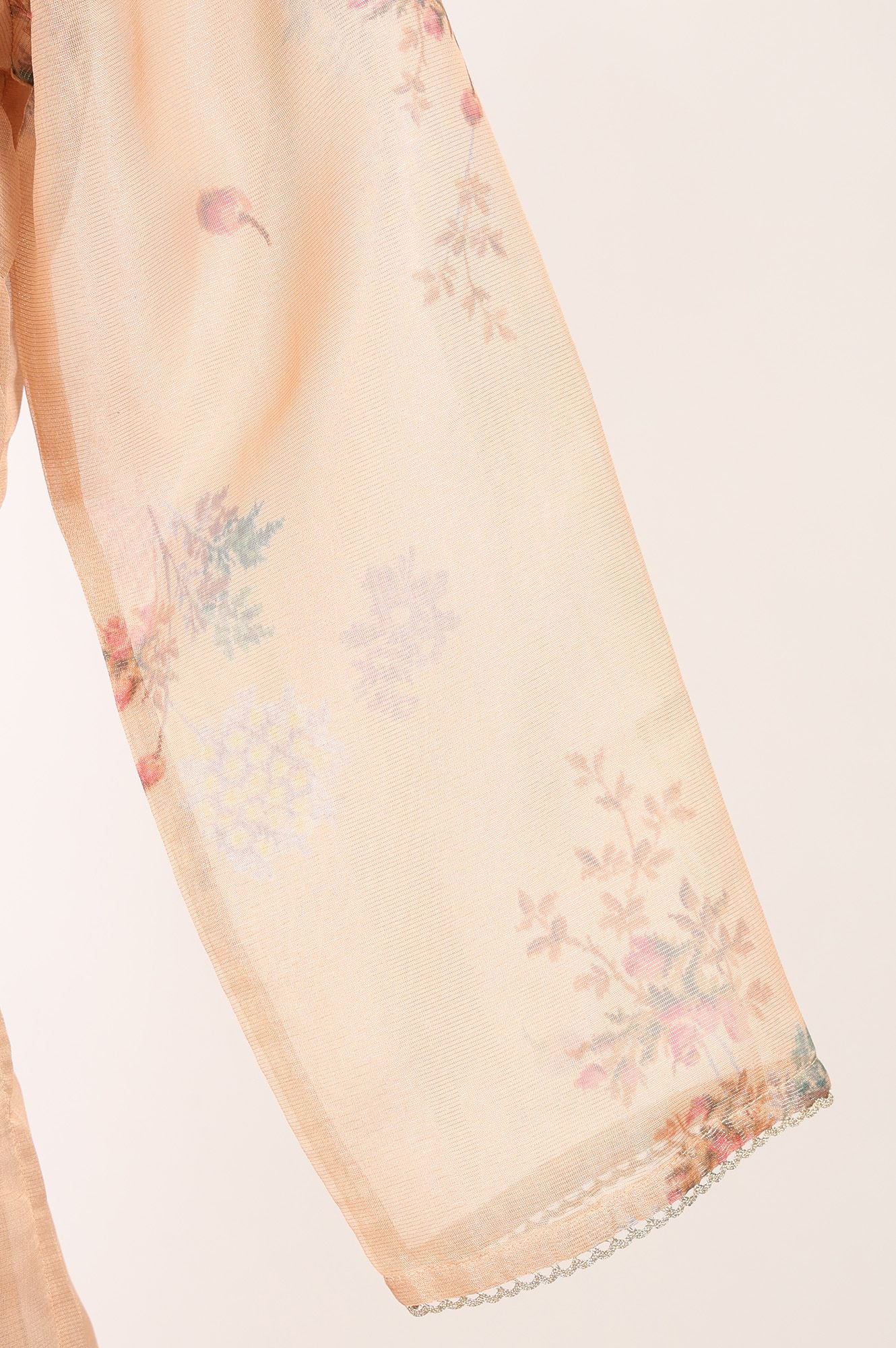 Peach Floral Printed Thread Embroidered Tissue A-line Kurta with Pant and Dupatta Set