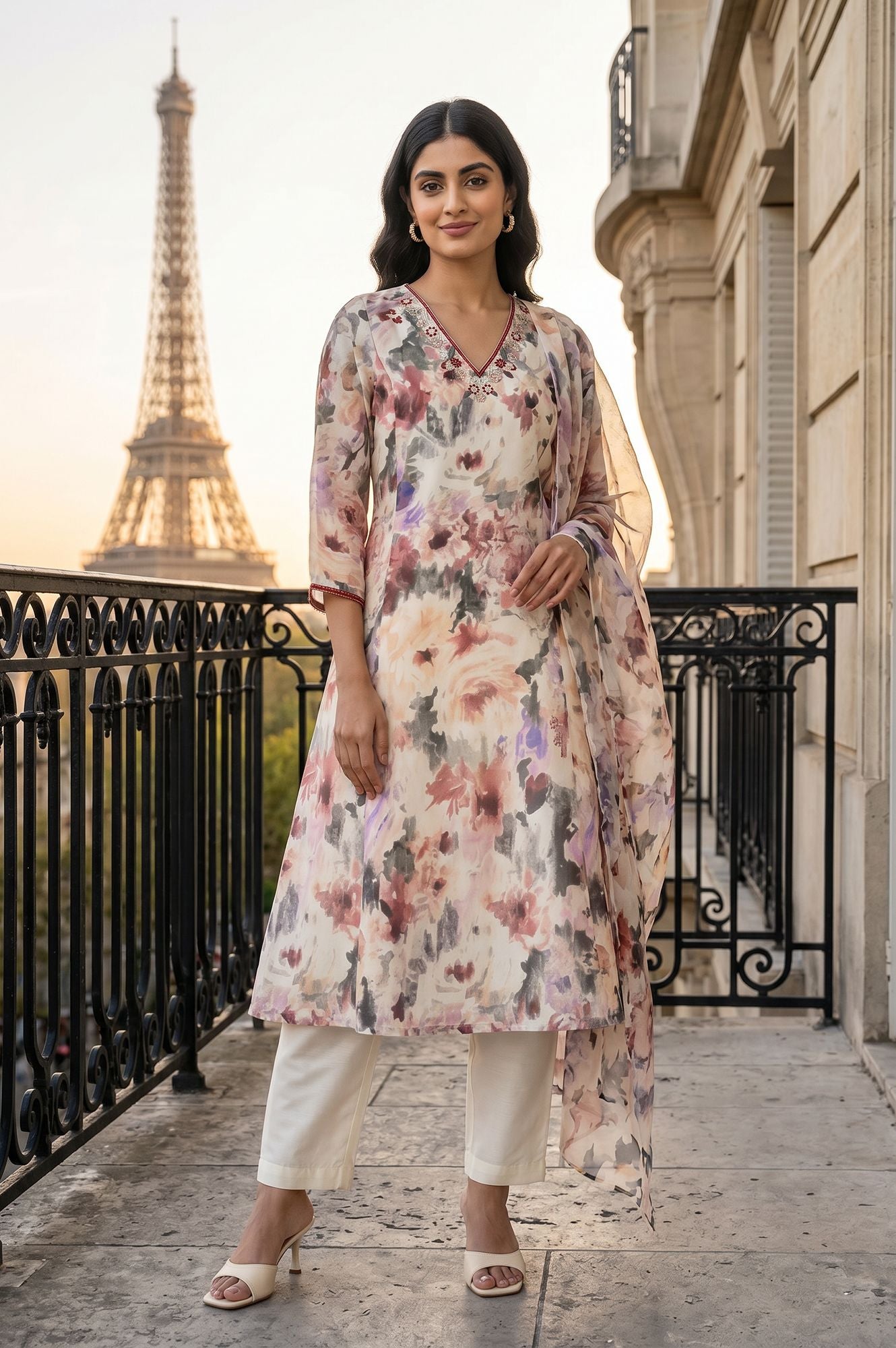 Off White Floral Printed Chanderi Flared Kurta with Pants and Dupatta Set