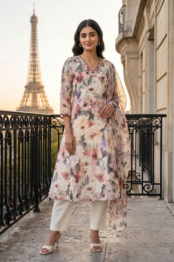 Off White Floral Printed Chanderi Flared Kurta with Pants and Dupatta Set