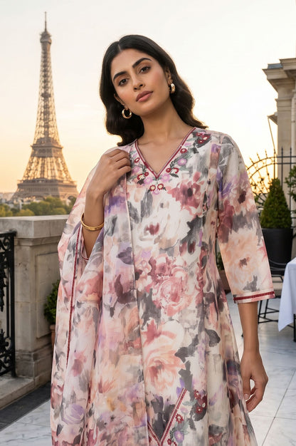 Off White Floral Printed Chanderi Flared Kurta with Pants and Dupatta Set