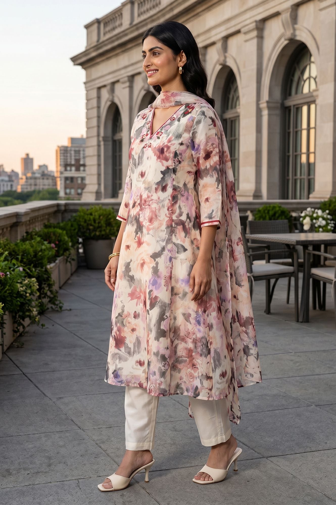 Off White Floral Printed Chanderi Flared Kurta with Pants and Dupatta Set