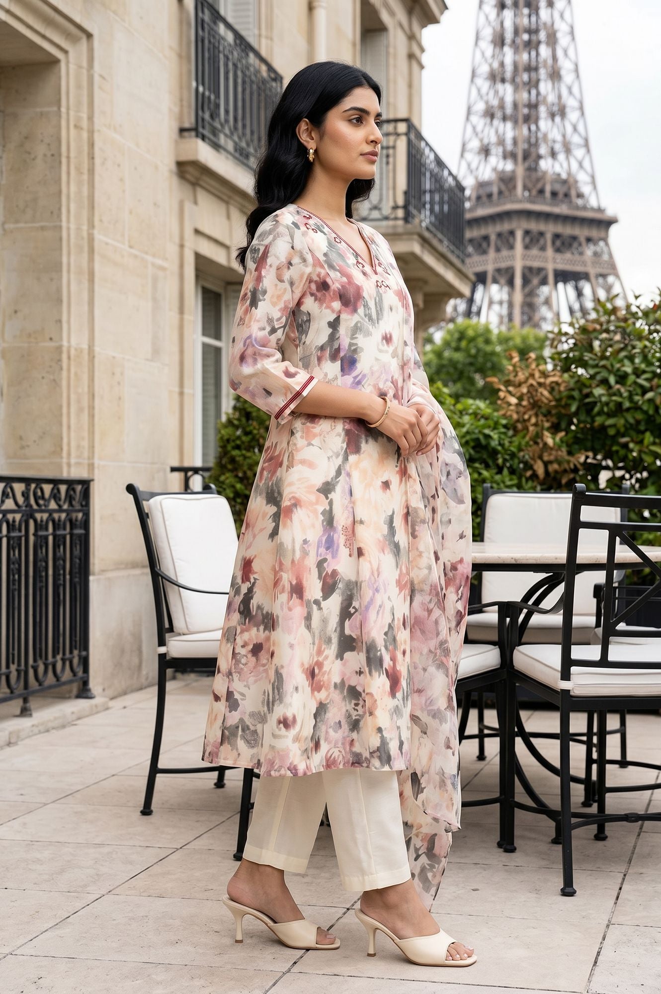 Off White Floral Printed Chanderi Flared Kurta with Pants and Dupatta Set