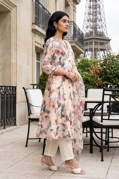 Off White Floral Printed Chanderi Flared Kurta with Pants and Dupatta Set