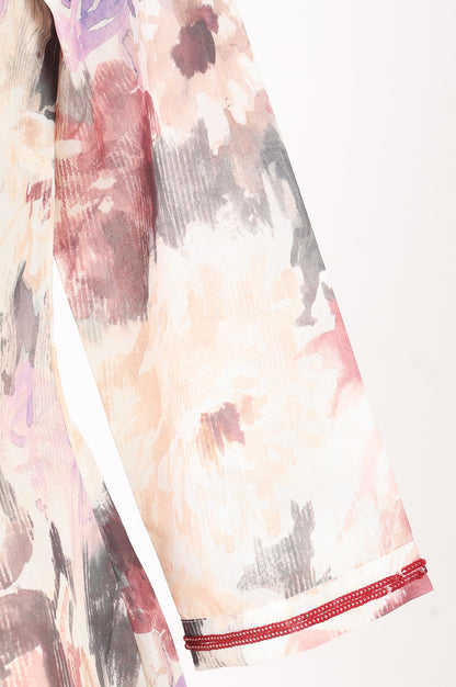 Off White Floral Printed Chanderi Flared Kurta with Pants and Dupatta Set