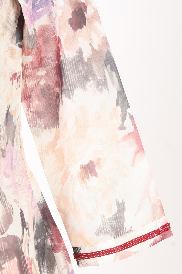 Off White Floral Printed Chanderi Flared Kurta with Pants and Dupatta Set