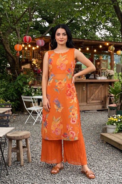 Orange Floral Printed Organza Sleeveless Straight Kurta with Flared Pants Set