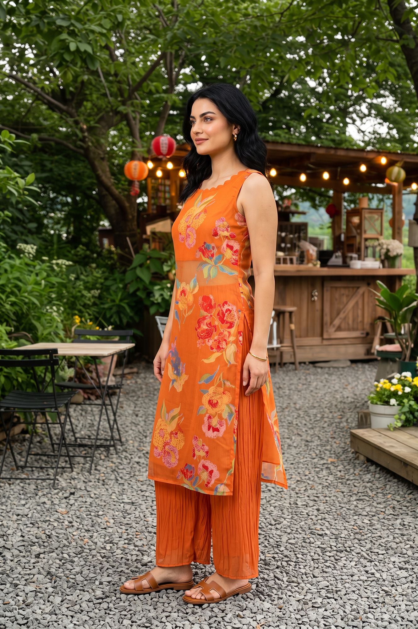Orange Floral Printed Organza Sleeveless Straight Kurta with Flared Pants Set