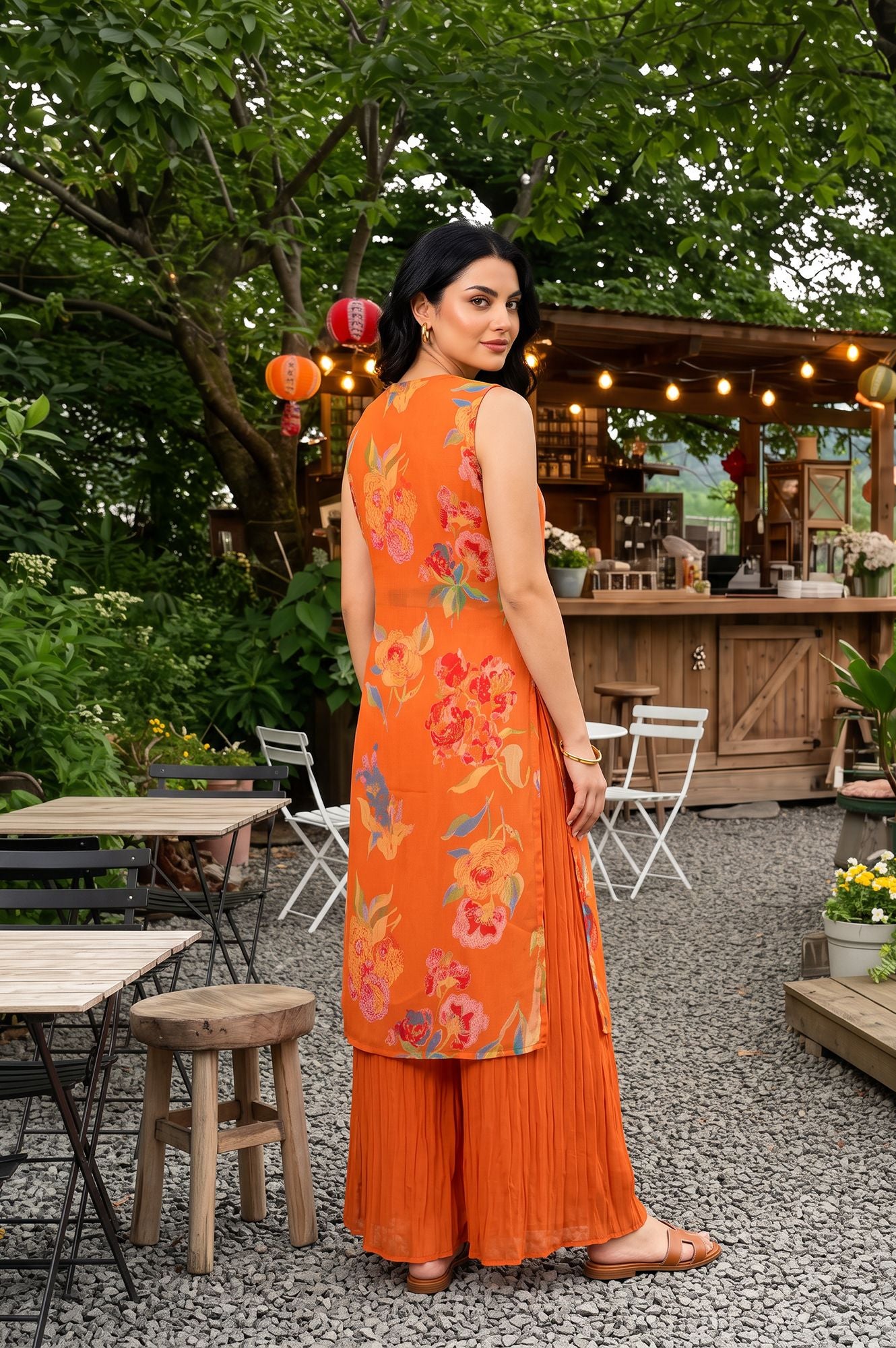 Orange Floral Printed Organza Sleeveless Straight Kurta with Flared Pants Set