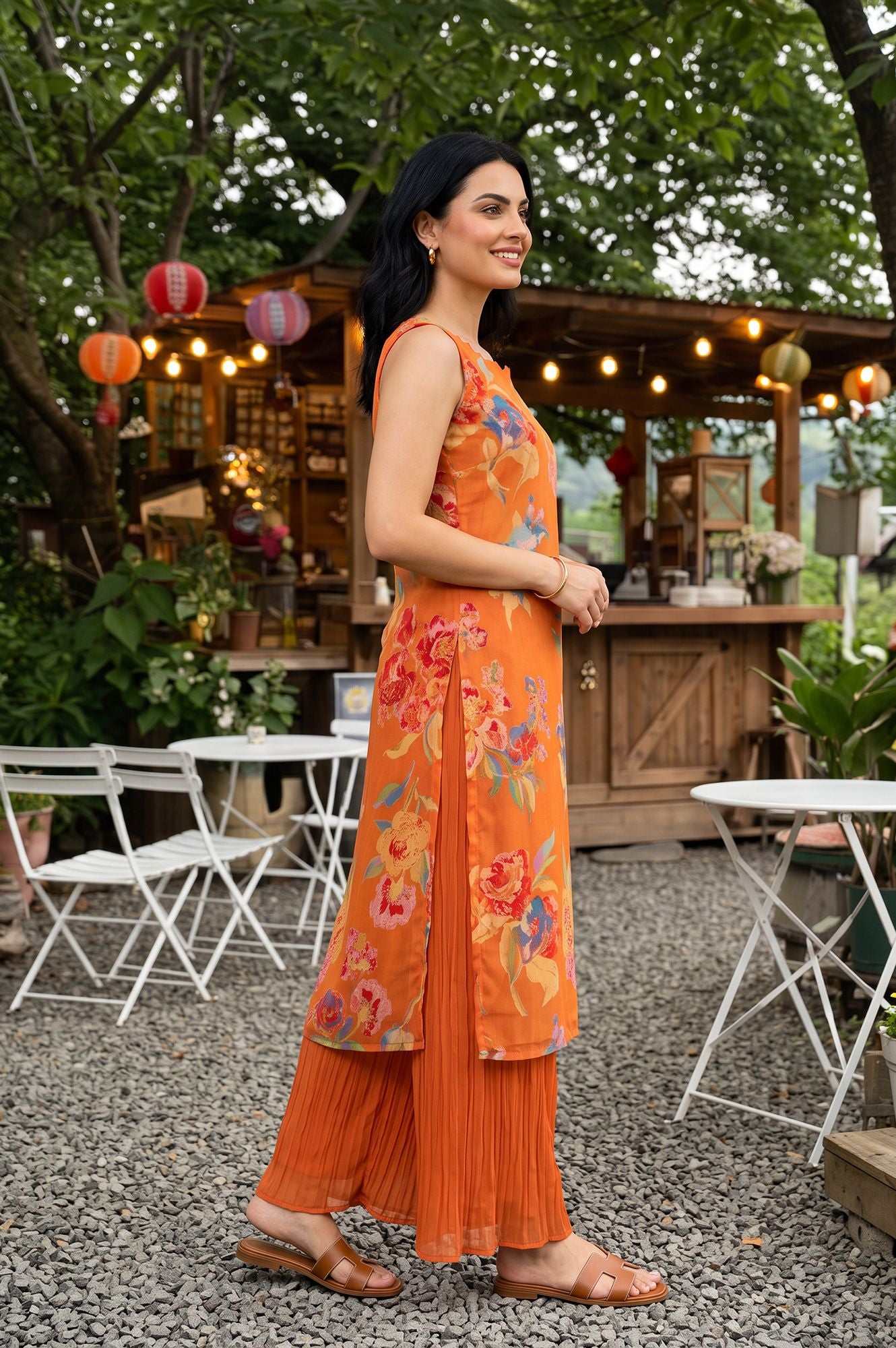 Orange Floral Printed Organza Sleeveless Straight Kurta with Flared Pants Set