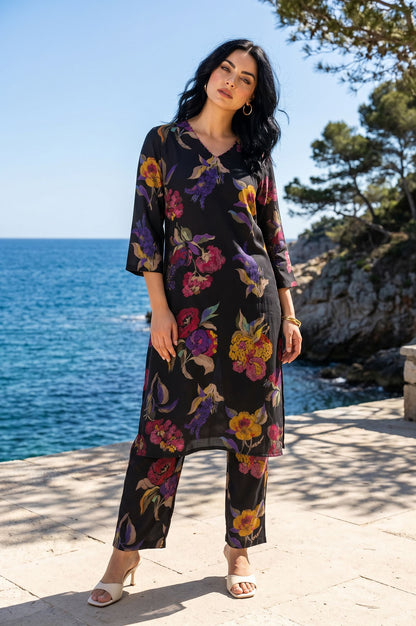 Black Floral Printed Crepe Straight Kurta with Pants Co-ord Set