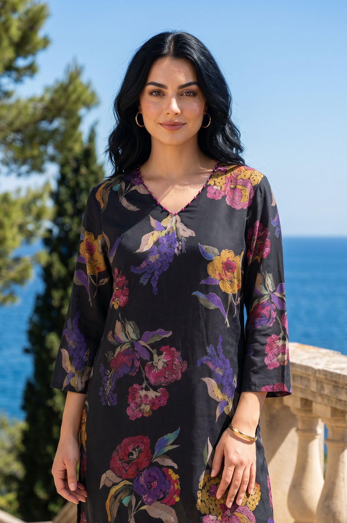 Black Floral Printed Crepe Straight Kurta with Pants Co-ord Set