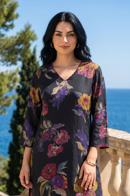 Black Floral Printed Crepe Straight Kurta with Pants Co-ord Set