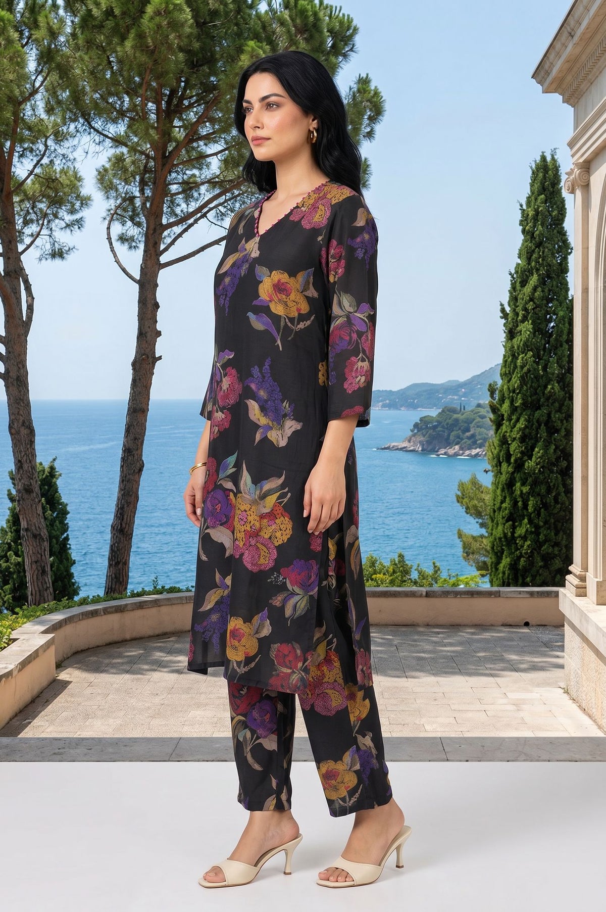 Black Floral Printed Crepe Straight Kurta with Pants Co-ord Set