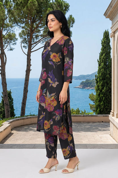 Black Floral Printed Crepe Straight Kurta with Pants Co-ord Set