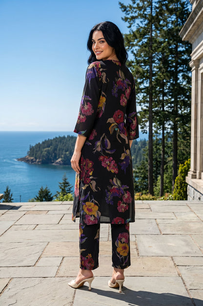 Black Floral Printed Crepe Straight Kurta with Pants Co-ord Set