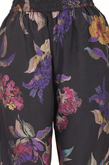 Black Floral Printed Crepe Straight Kurta with Pants Co-ord Set
