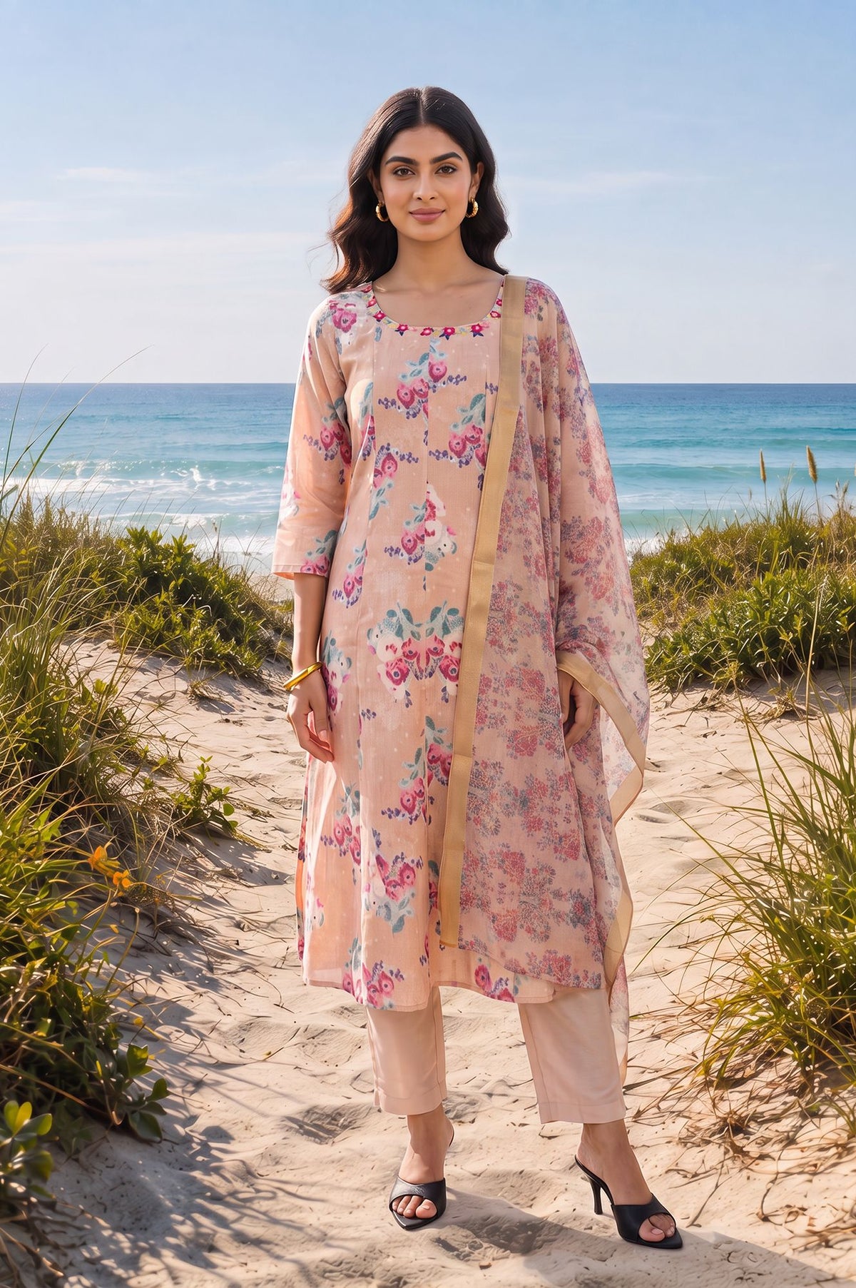 Peach Floral Printed Thread Embroidered Straight Kurta with Straight Pants and Dupatta Set