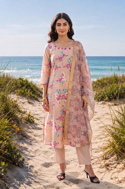 Peach Floral Printed Thread Embroidered Straight Kurta with Straight Pants and Dupatta Set