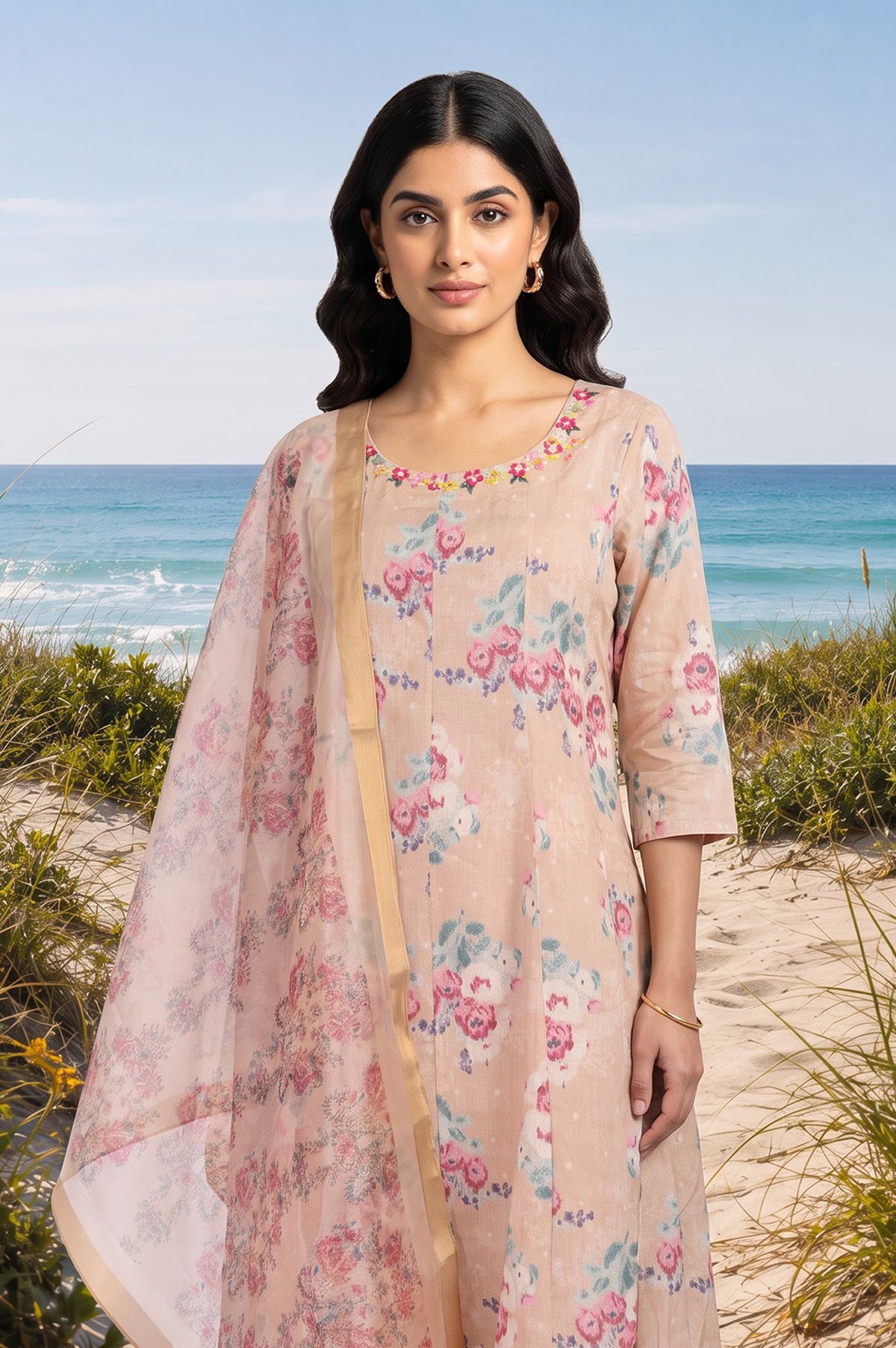 Peach Floral Printed Thread Embroidered Straight Kurta with Straight Pants and Dupatta Set