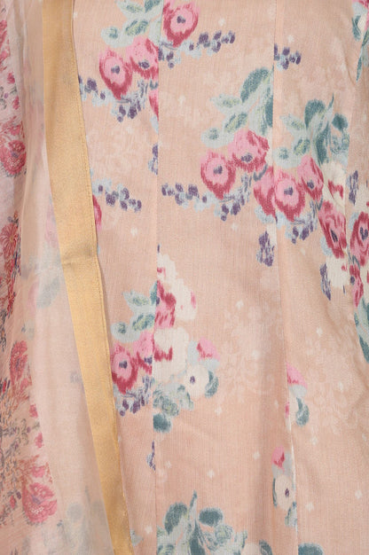 Peach Floral Printed Thread Embroidered Straight Kurta with Straight Pants and Dupatta Set