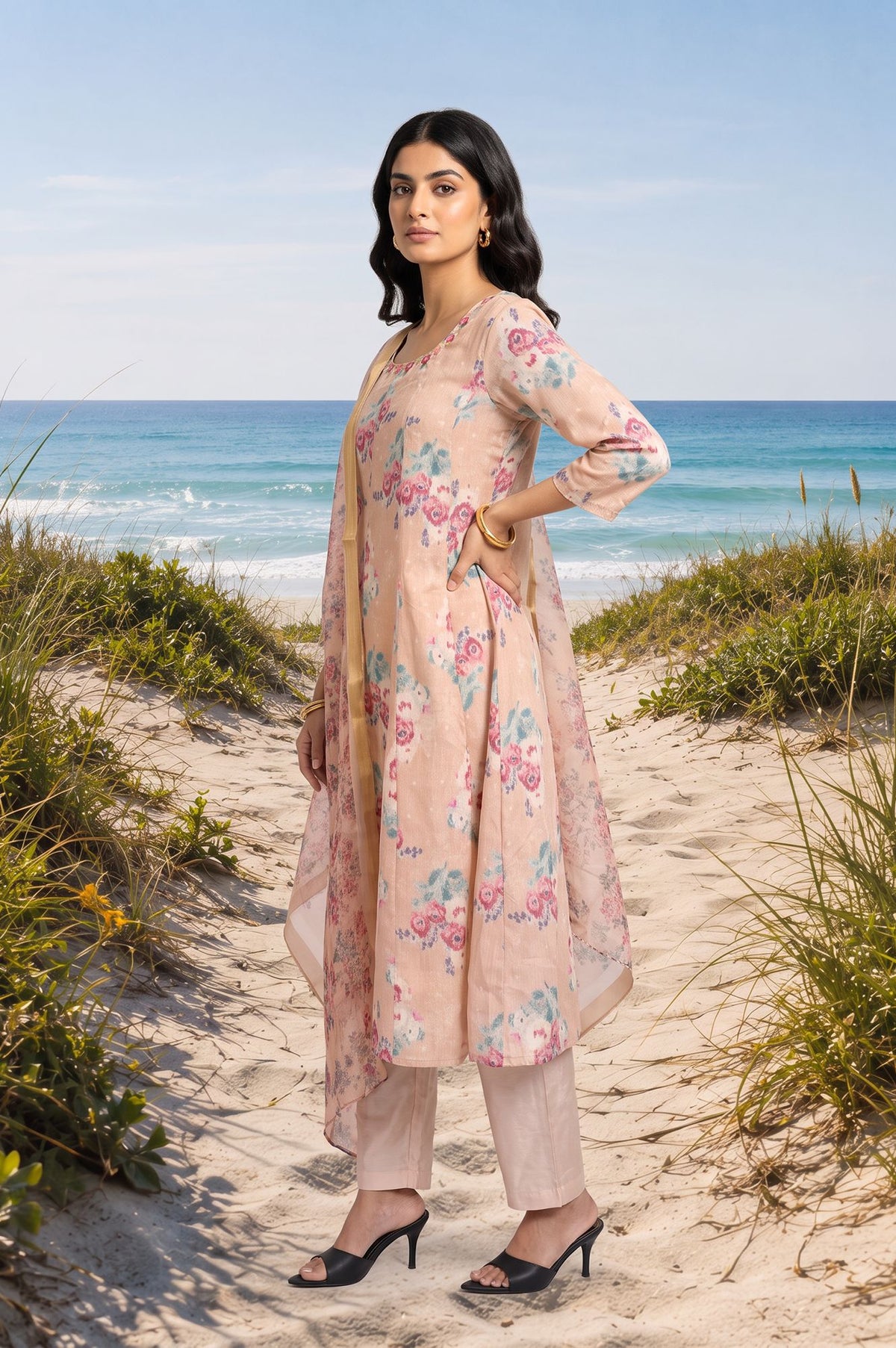 Peach Floral Printed Thread Embroidered Straight Kurta with Straight Pants and Dupatta Set