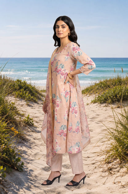 Peach Floral Printed Thread Embroidered Straight Kurta with Straight Pants and Dupatta Set