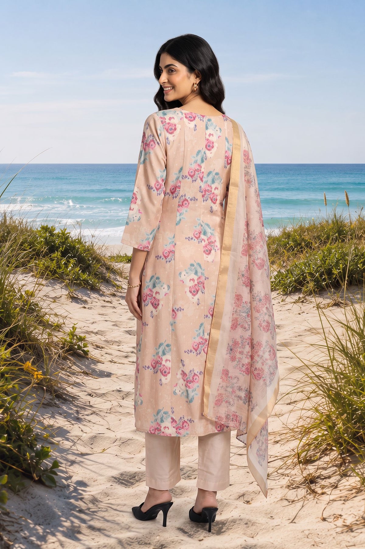 Peach Floral Printed Thread Embroidered Straight Kurta with Straight Pants and Dupatta Set