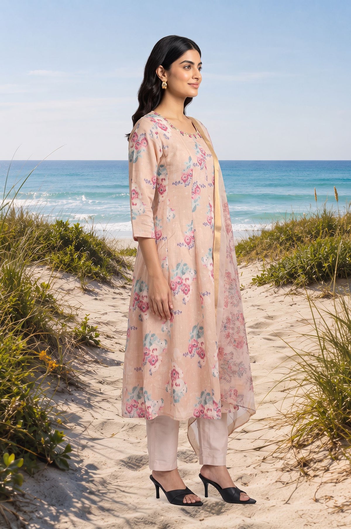 Peach Floral Printed Thread Embroidered Straight Kurta with Straight Pants and Dupatta Set
