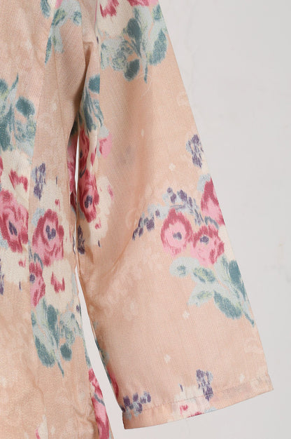 Peach Floral Printed Thread Embroidered Straight Kurta with Straight Pants and Dupatta Set