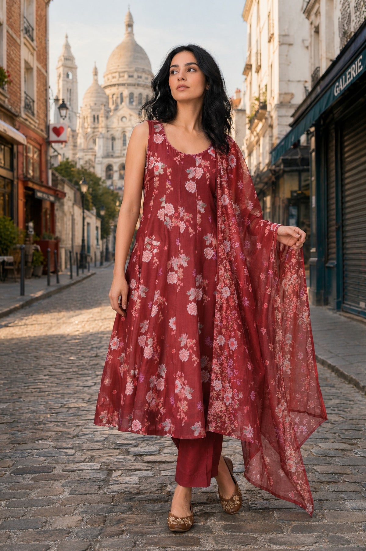 Maroon Floral Printed Chanderi Sleeveless Anarkali Kurta with Pants and Dupatta Set - S