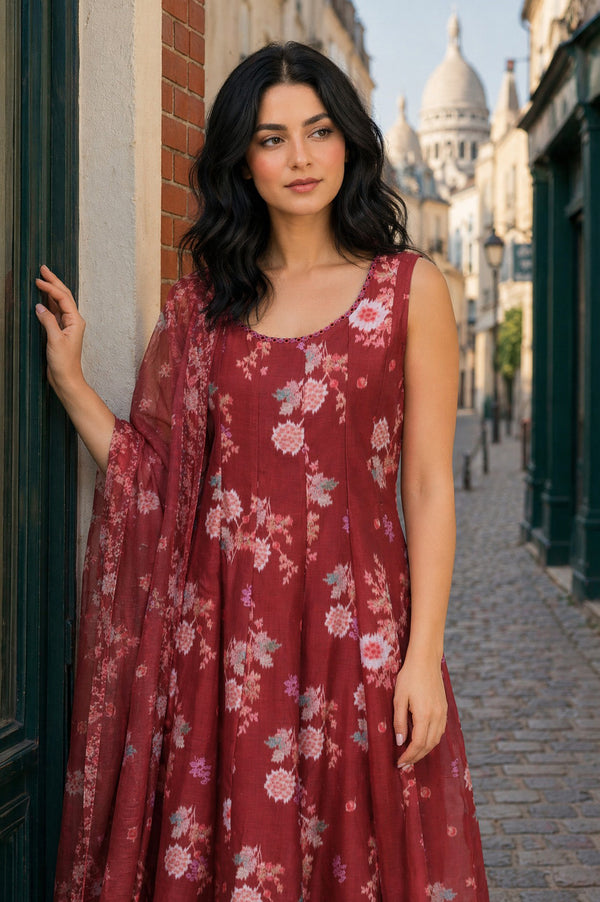Maroon Floral Printed Chanderi Sleeveless Anarkali Kurta with Pants and Dupatta Set