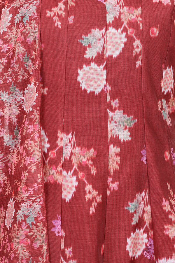 Maroon Floral Printed Chanderi Sleeveless Anarkali Kurta with Pants and Dupatta Set