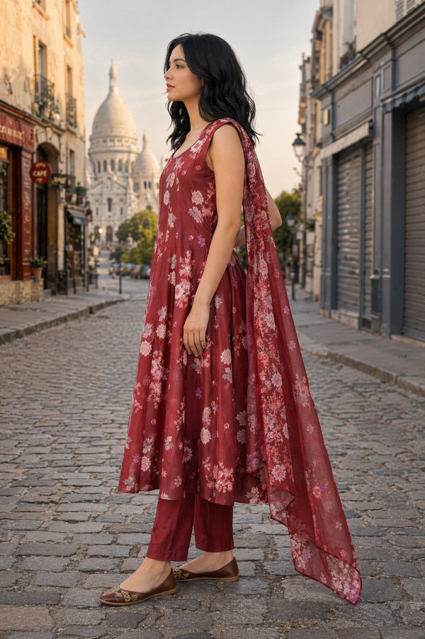 Maroon Floral Printed Chanderi Sleeveless Anarkali Kurta with Pants and Dupatta Set