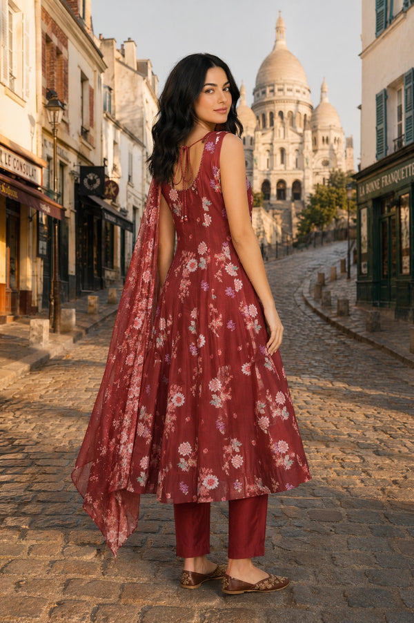 Maroon Floral Printed Chanderi Sleeveless Anarkali Kurta with Pants and Dupatta Set