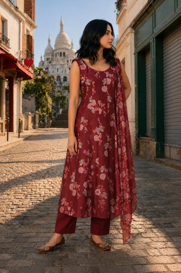 Maroon Floral Printed Chanderi Sleeveless Anarkali Kurta with Pants and Dupatta Set