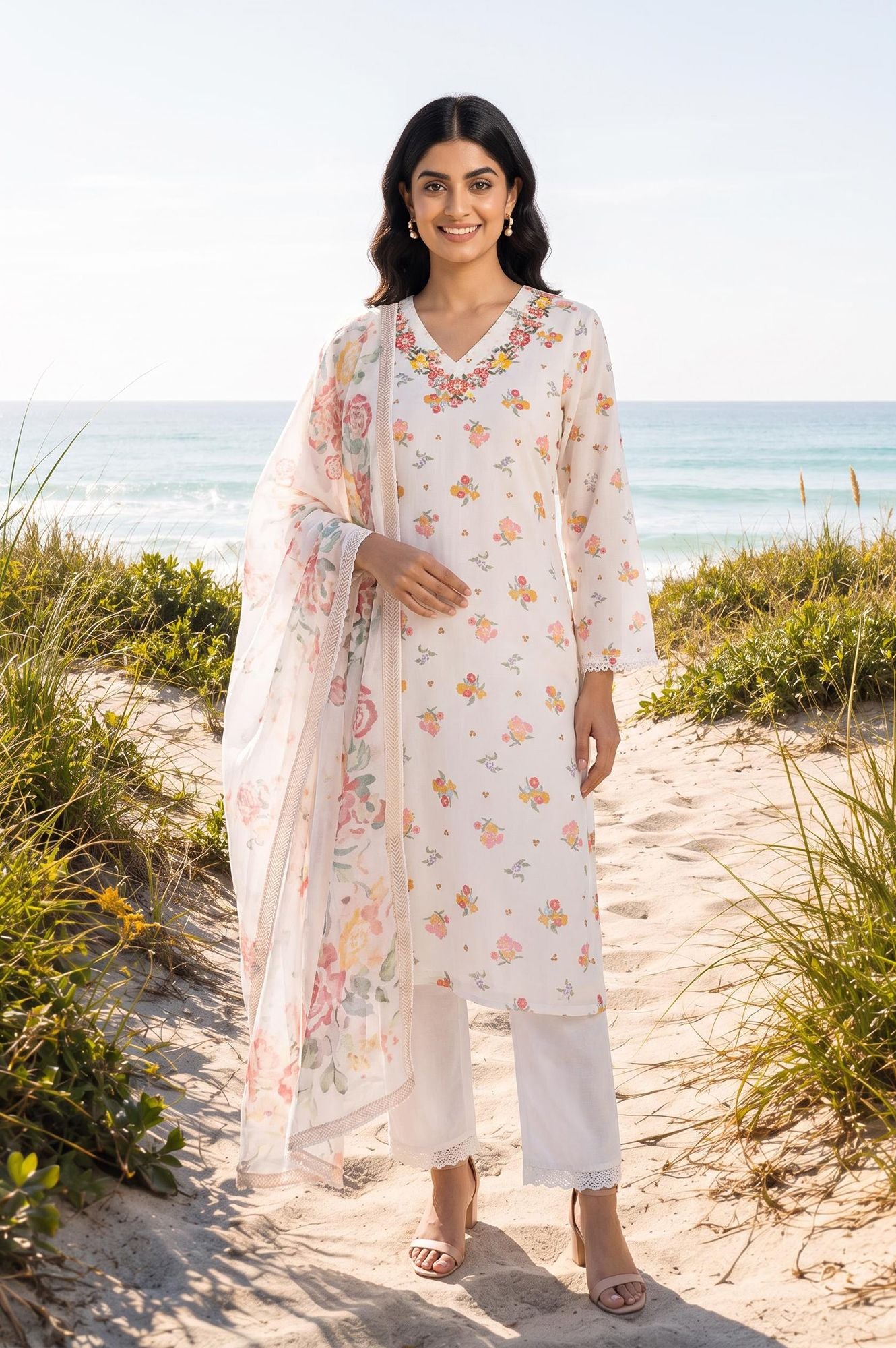 White Floral Printed Thread Embroidered Chanderi Straight Kurta with Pants and Dupatta Set