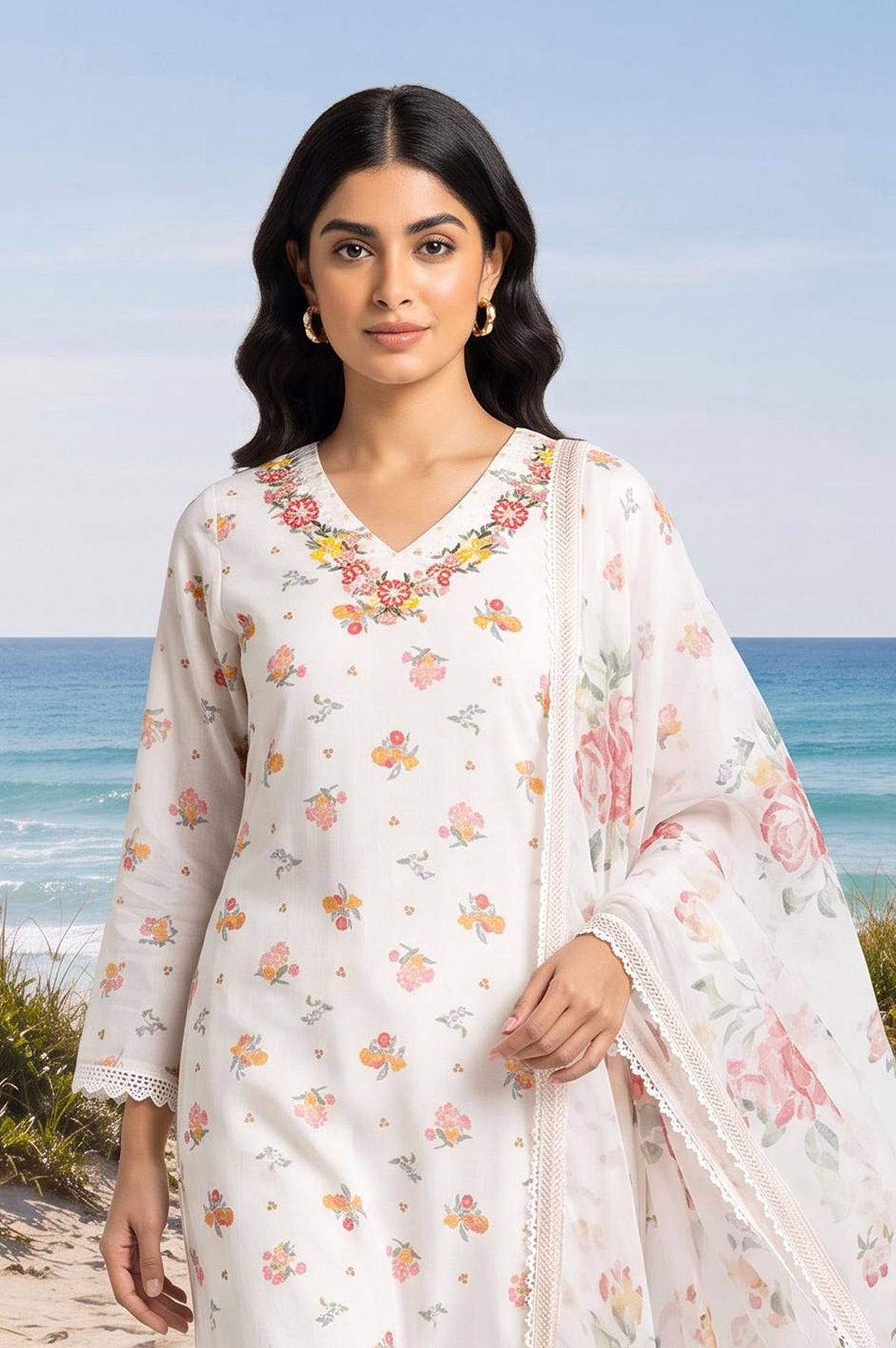 White Floral Printed Thread Embroidered Chanderi Straight Kurta with Pants and Dupatta Set