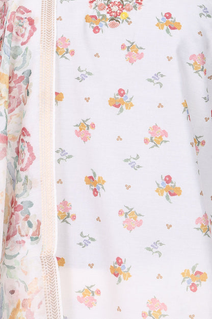 White Floral Printed Thread Embroidered Chanderi Straight Kurta with Pants and Dupatta Set